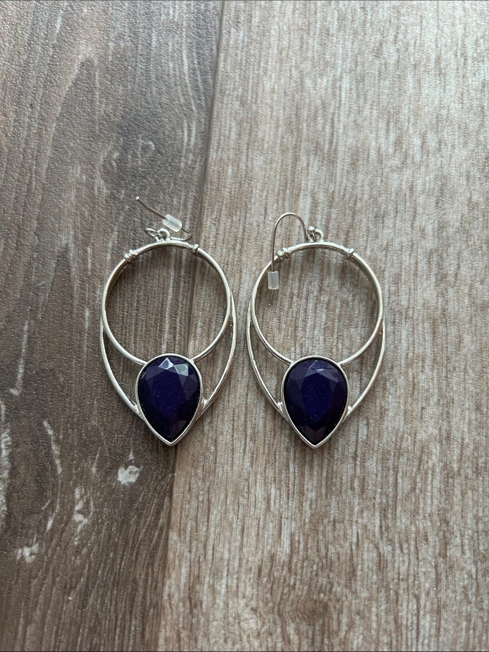 H&M Silver Hoop Earrings with Deep Purple Teardrop Stones